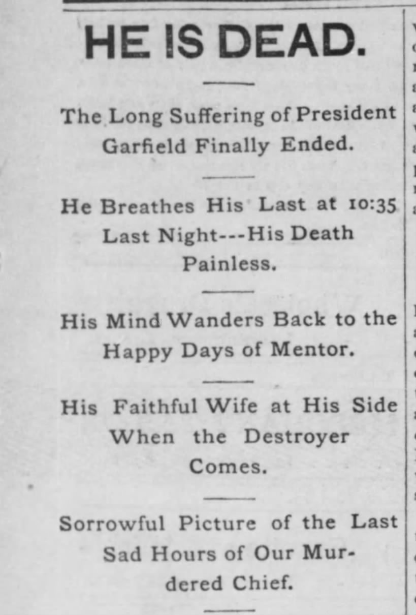 Headlines announcing death of President Garfield