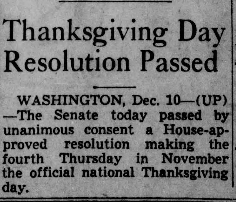 Congress approves resolution to officially set Thanksgiving on fourth Thursday