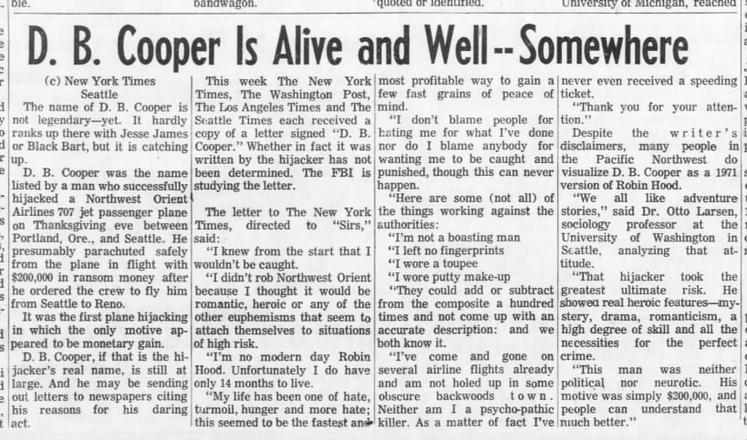 Person claiming to be D.B. Cooper sends letters to newspapers