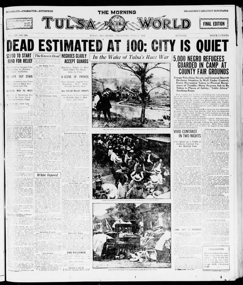 Tulsa World Estimates death toll of Tulsa Race Massacre is 100 - June 2, 1921 