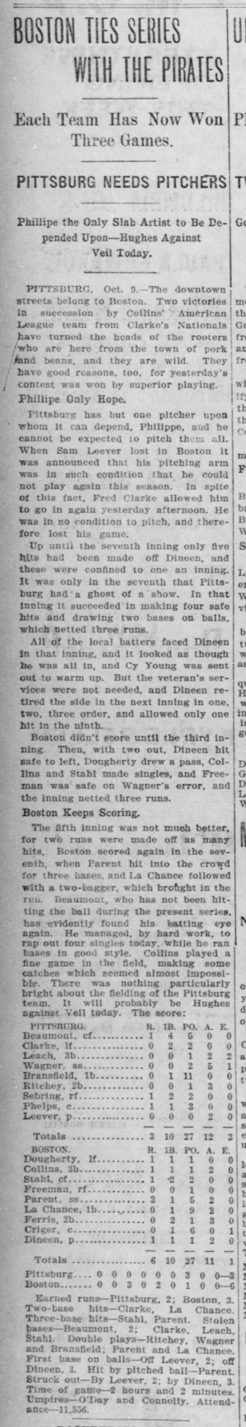 Game 6 of 1903 World Series ties Boston and Pittsburgh 3-3