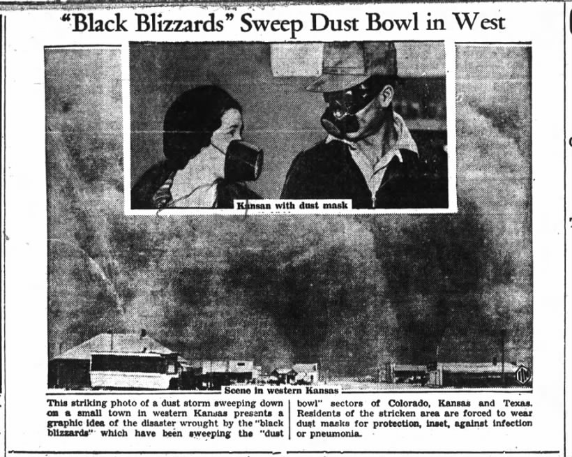 Photos of "black blizzard" dust storm and people wearing dust masks during Dust Bowl