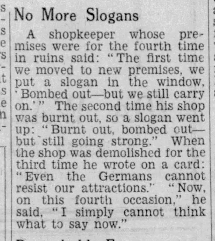 Shopkeepers maintain a sense of humor during the Blitz 