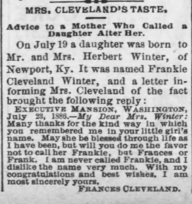 Frances Cleveland asks for namesakes to be called "Frank" or "Frances," not "Frankie"