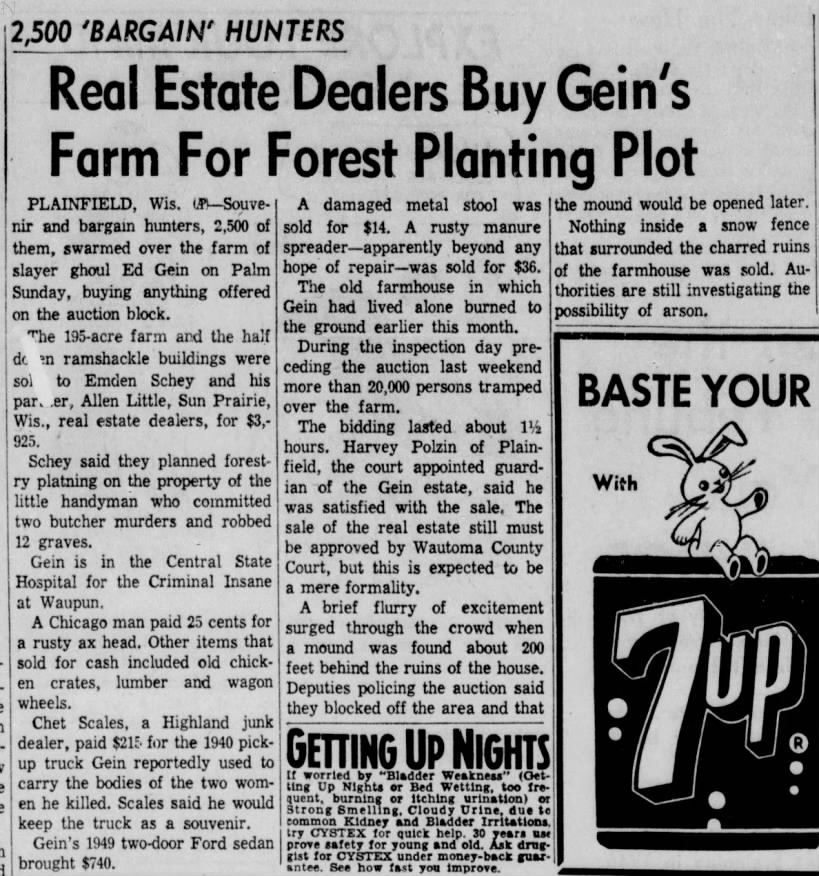 "Real Estate Dealers Buy Gein's Farm for Forest Planting Plot"