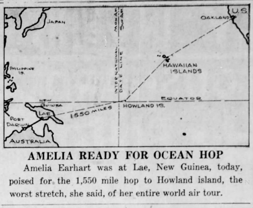 Map of the final legs of Amelia Earhart's around-the-world flight