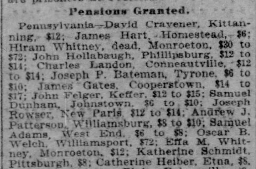 Pensions Granted, Pittsburgh Commercial Gazette (Post-Gazette), 1900