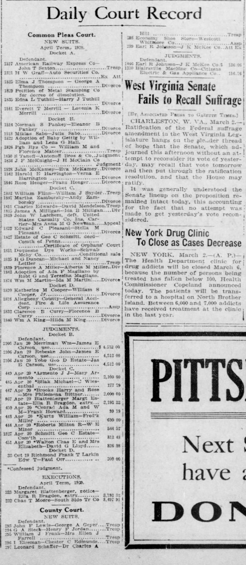 Daily Court Record in the Pittsburgh Gazette Times (Post-Gazette), 1920