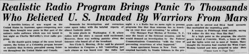 "Realistic radio program brings panic to thousands who believed U.S. invaded by warriors from Mars"