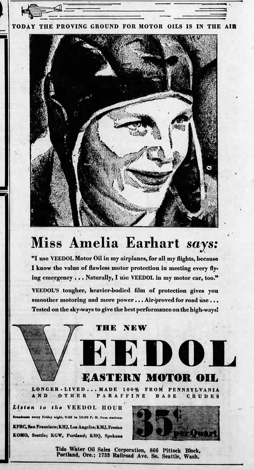 Amelia Earhart used to promote motor oil