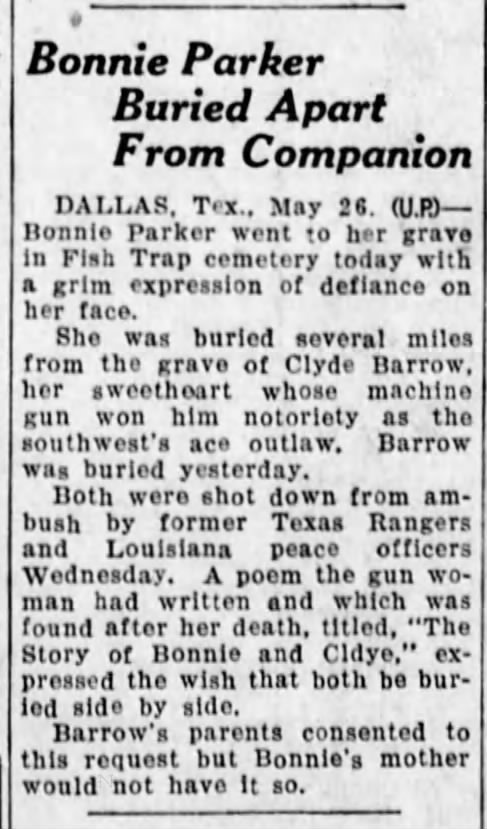 Bonnie and Clyde buried in different cemeteries in separate funerals