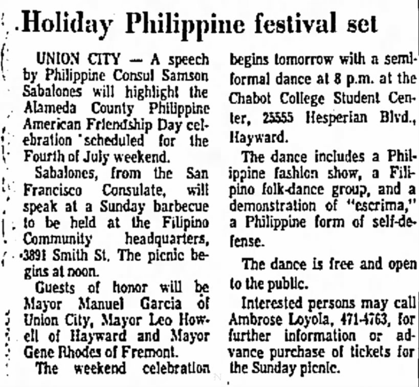 Escrima- Holiday Philippine festival set - The Argus, July 2, 1970