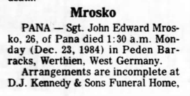 Herald & Review 27 Dec 1984 page 5a John Mrosko obit