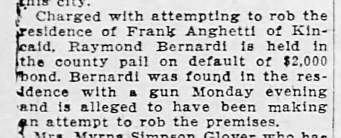 Decatur Herald 09 Jul 1926 page 8 Raymond Bernardi attempting robbery