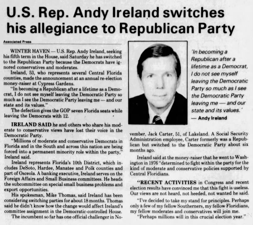U.S. Rep. Andy Ireland switches his allegiance to Republican Party