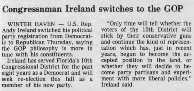 Congressnman Ireland switches to the GOP