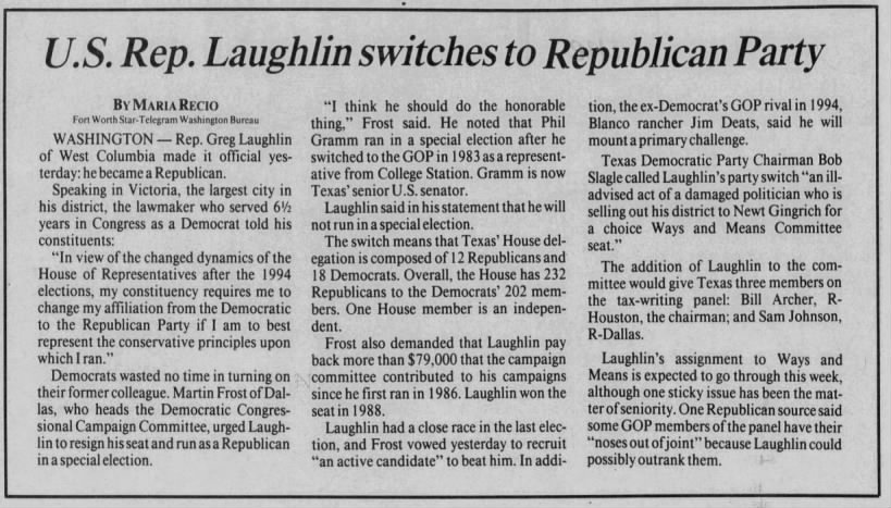 U.S. Rep. Laughlin switches to Republican Party