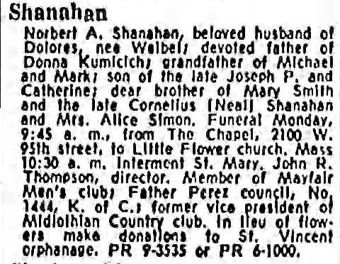 Norbert A. Shanahan obit, Chicago Tribune, 11 Dec 1966