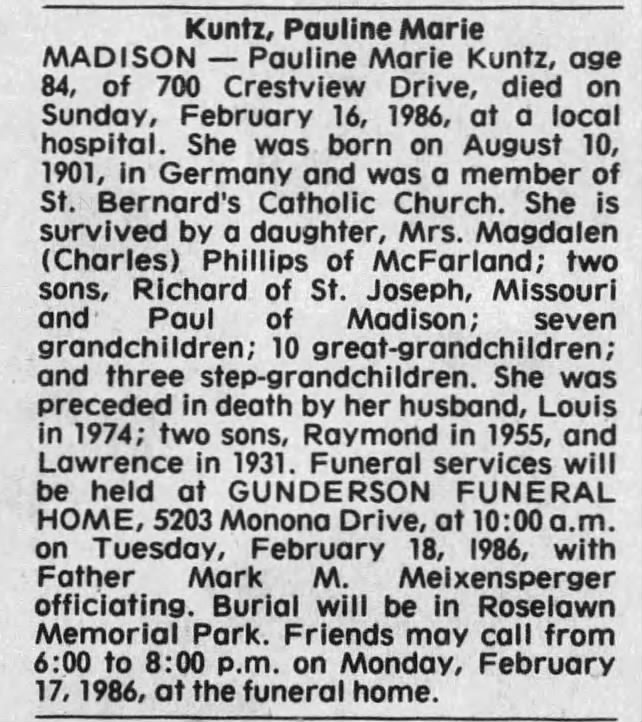 Obituary for Pauline Marie Kuntz, 1901-1986 (Aged 84)