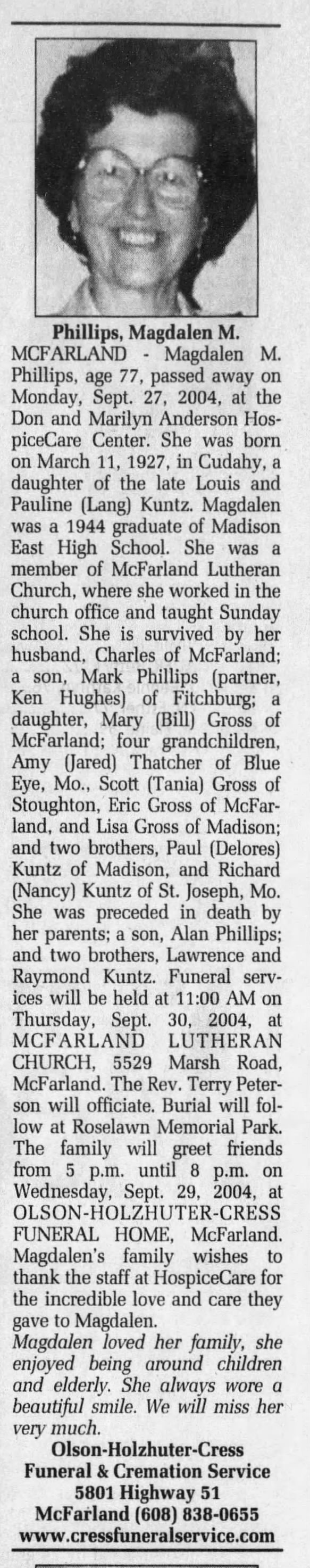 Obituary for Magdalen M. Phillips, 1927-2004 (Aged 77)