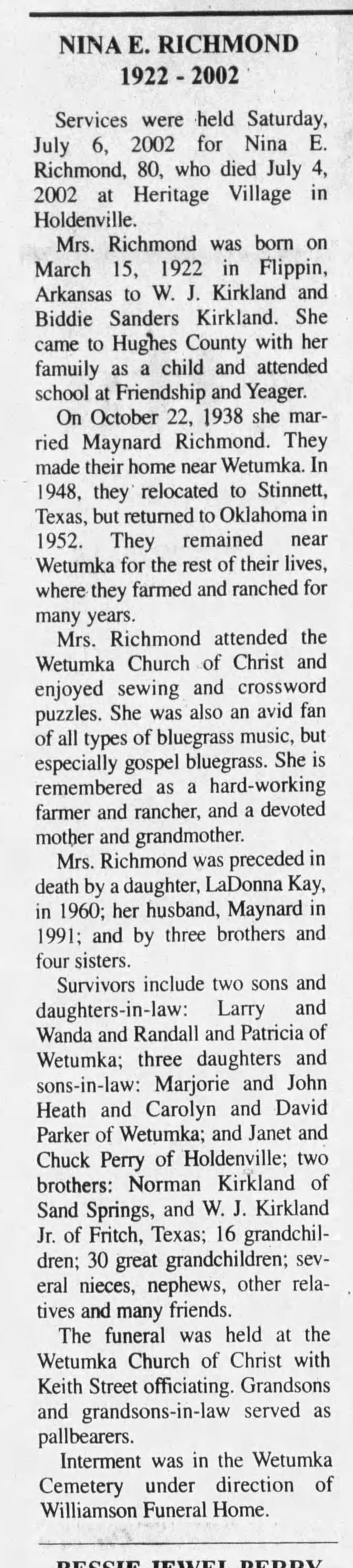 Obituary for NINA E RICHMOND