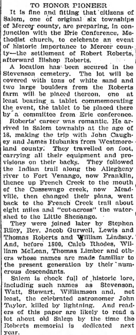 Record-Argus (Greenville, PA), 26 Oct 1920--Bishop Robert R Roberts (mentions John Caughey also)