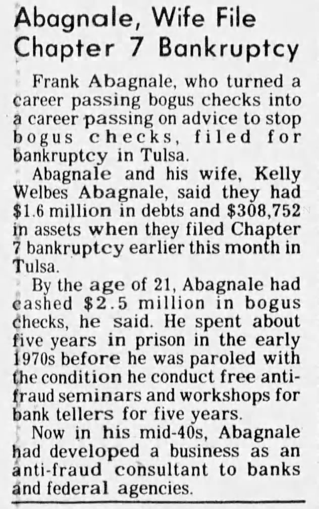 Abagnale, Wife File Chapter 7 Bankruptcy