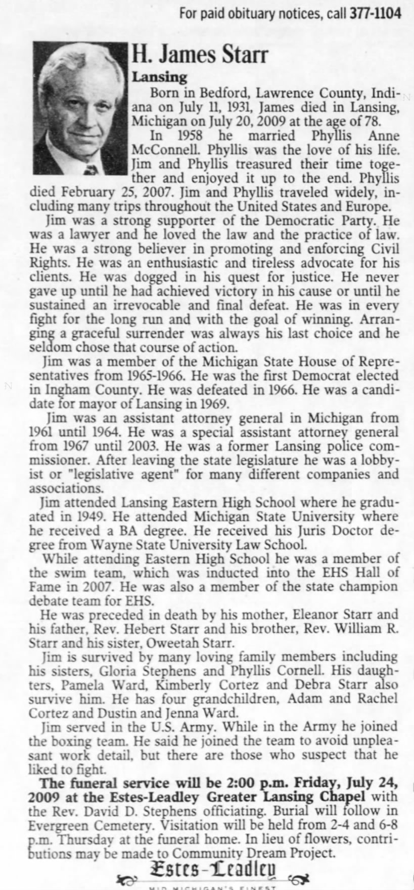 Obituary for H. James Starr, 1931-2009 (Aged 78)