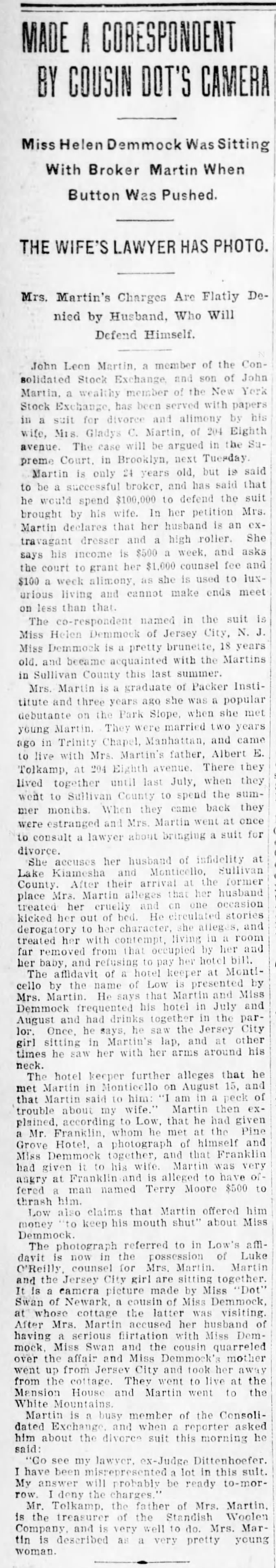 The Brooklyn Daily Eagle 24 Sep. 1903, Thu page 22  John L Martin & Gladys E Tolkamp divorce suit