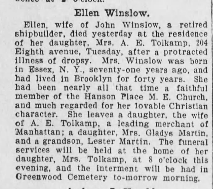 Ellen (Martin) Winslow obituary 31 August 1905