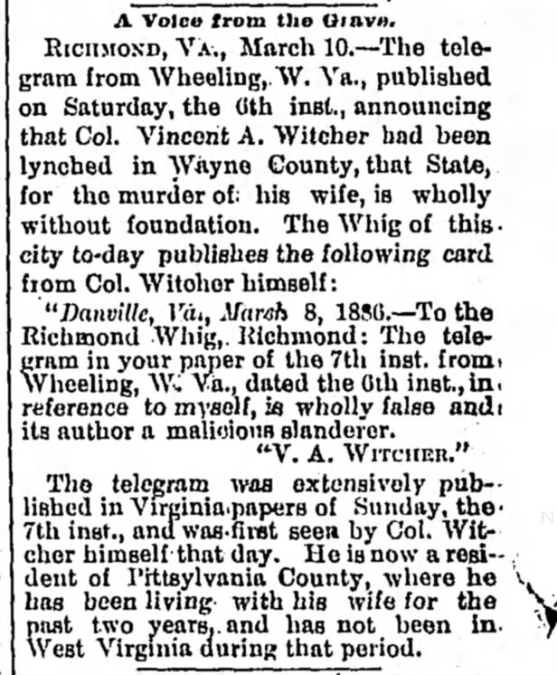 Retraction from Wheeling, W. VA newspaper about lynching of Col. V.A. Witcher