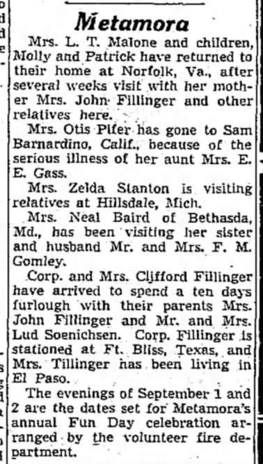 Fillinger, The Daily Telegram Aug 1943
