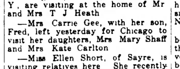 Carrie travel to see Kate and Mary in Chicago 25 June 1924