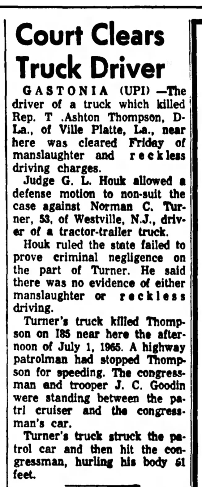 1966 Truck Driver Cleared of Manslaughter & Reckless Driving in Death of Cong. T.A. Thompson