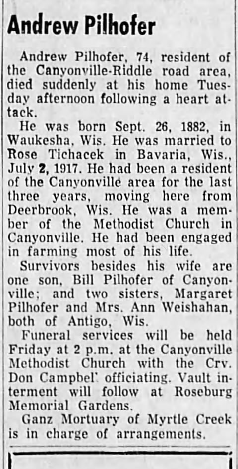Andrew Pilhoher from Wisconsin 
October 17 1962 
The News Review - Roseburg OR