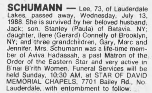 Obituary for Lee SCHUMANN (Aged 73)