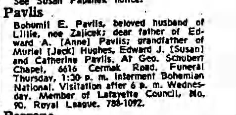 Obituary for Bohumil E Pavlis in 1971