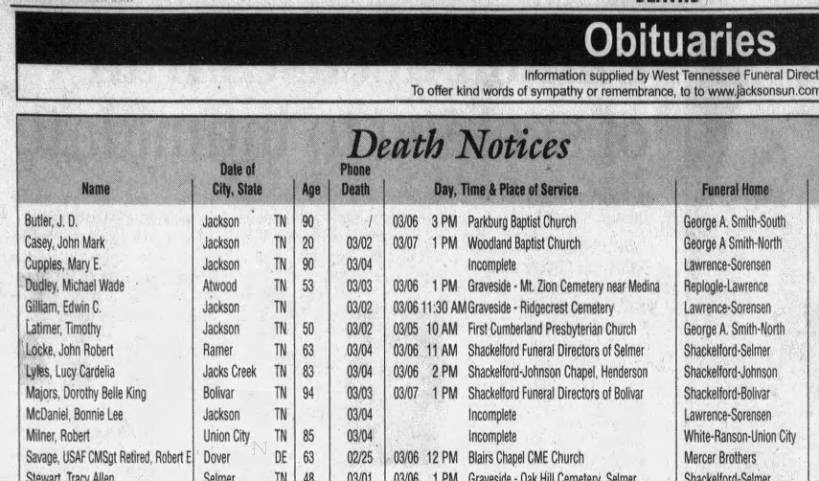 Bonnie McDaniel Death Notice in 2009