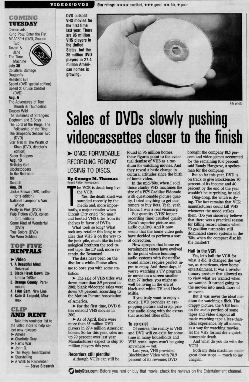 Sales of DVDs slowly pushing videocassettes closer to the finish
