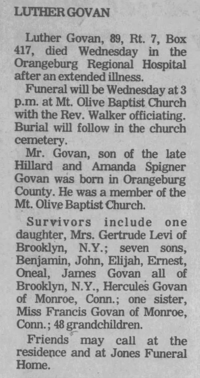 1979 fEB 20 oRANGEBURG,SC NEWSPAPER FOR LUTHER GOVAN OBITUARY
SON OF HILLIARD AND AMANDA SPIGNER
