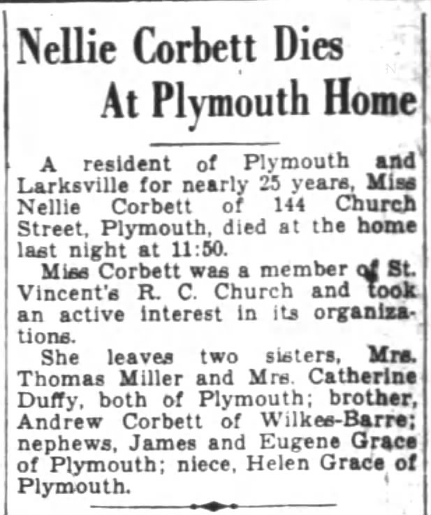 Nellie Corbett Plym - obit - brother Andrew of W-B 1936