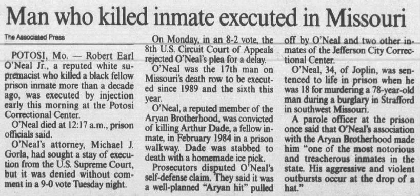 Man who killed inmate executed in Missouri