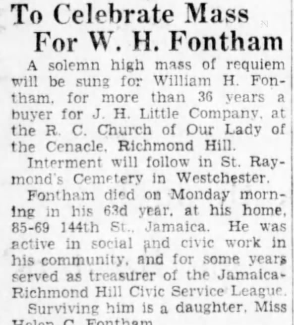 Brooklyn Daily Eagle 5/9/1931 Mass for W.H. FONTHAM