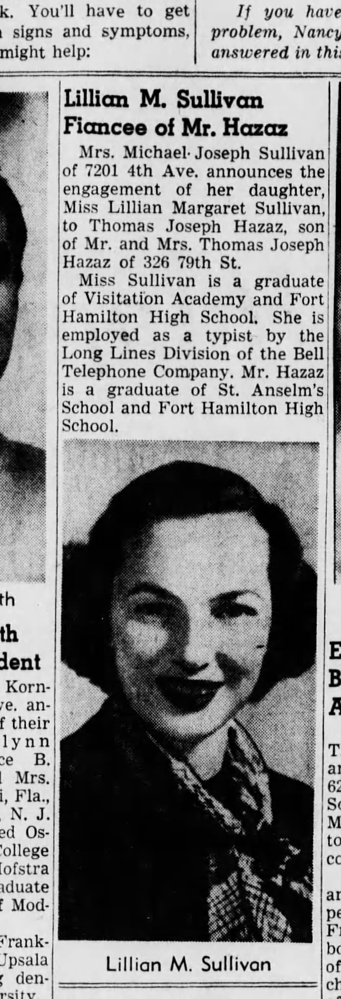 Brooklyn Daily Eagle, 8 Apr 1951, p 20 - Lillian's engagement