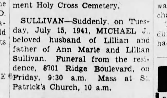 Brooklyn Daily Eagle, 17 Jul 1941, p 11 - Michael Joseph Sullivan Death Notice