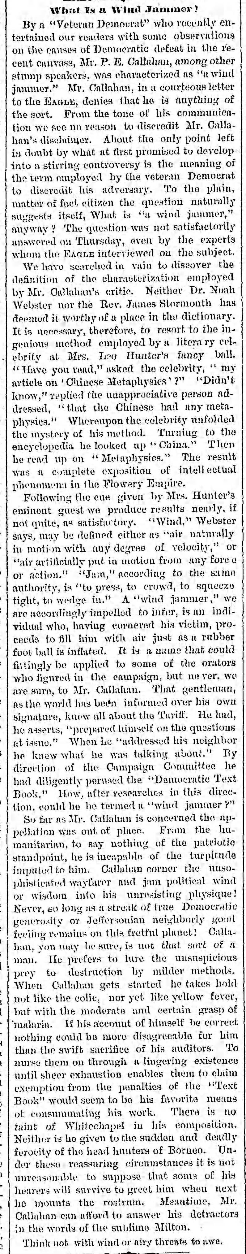 Patrick E. Callahan -- not a windjammer!