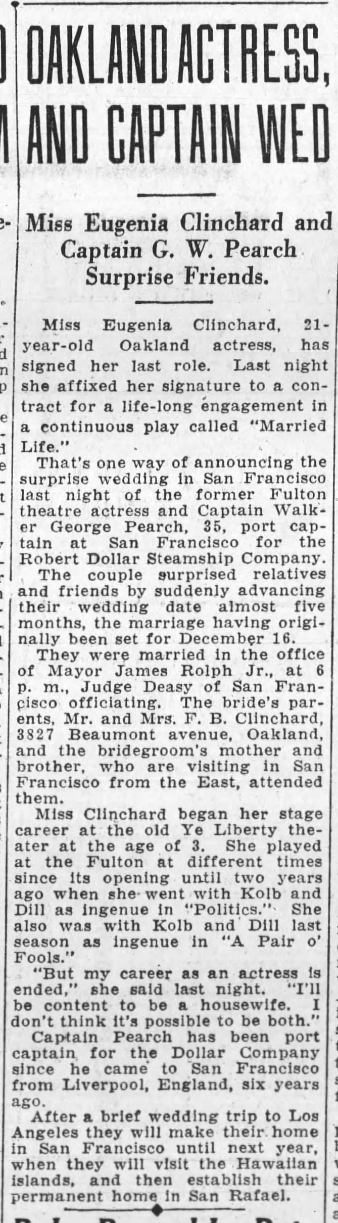 Oakland actress, and captain wed