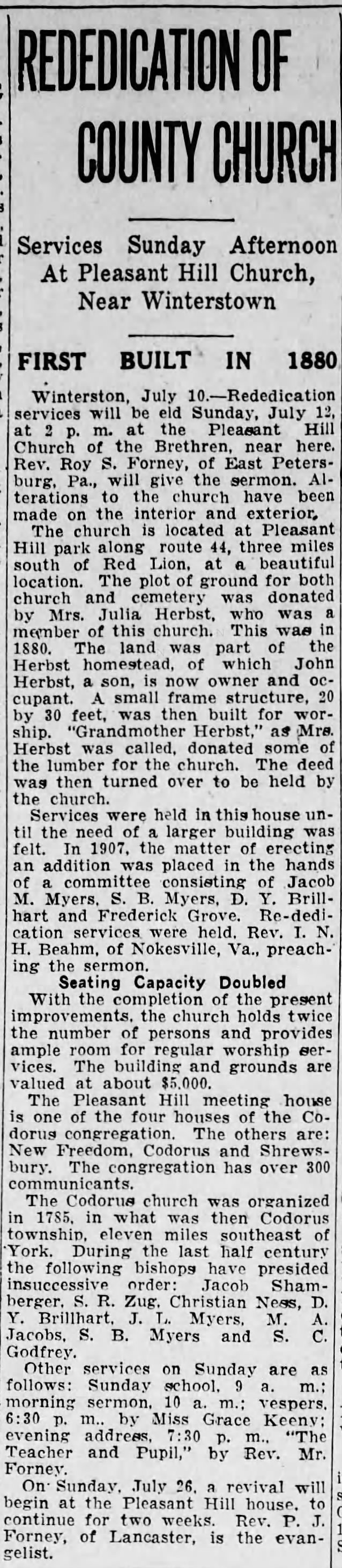 Pleasant Hill Church of the Brethren rededicated 1936