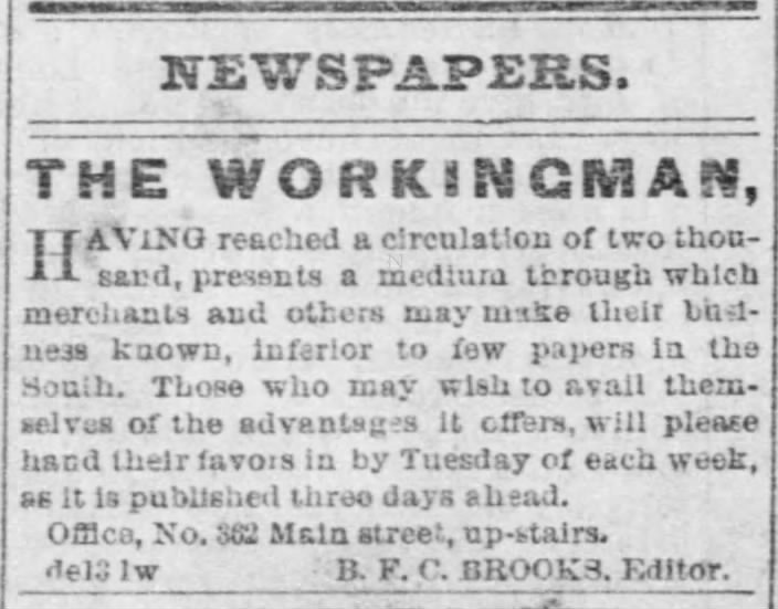 B F C Brooks Advertisement for 'The Workingman' 17 Dec 1868