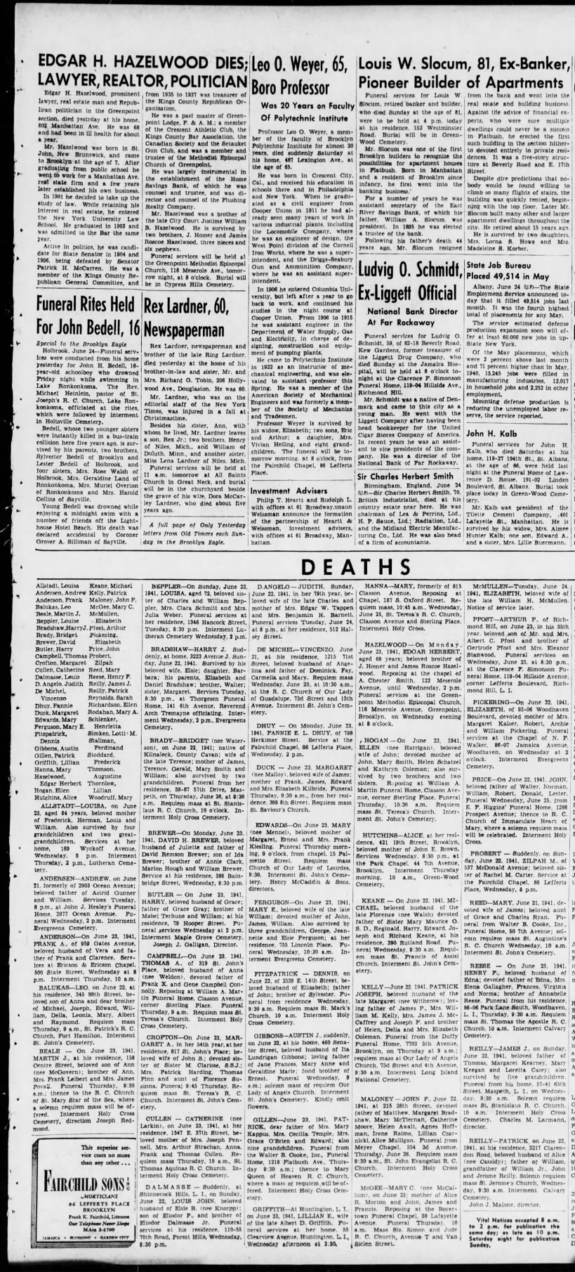Personal Details Fannie E.L. Dhuy Obituary, The Brooklyn Daily Eagle 24 June 1941, Tue, page 11